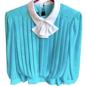 Vintage Long Sleeve Teal and White Print on a Pleated Top by Alexis.   Size= M.